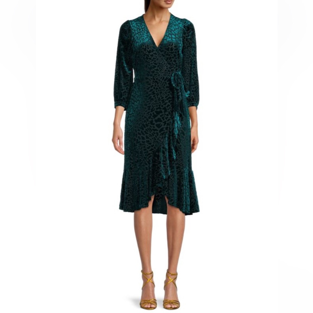 NWT Calvin Klein Burnout Leopard Velvet Puff-Sleeve Wrap Tie Dress Teal